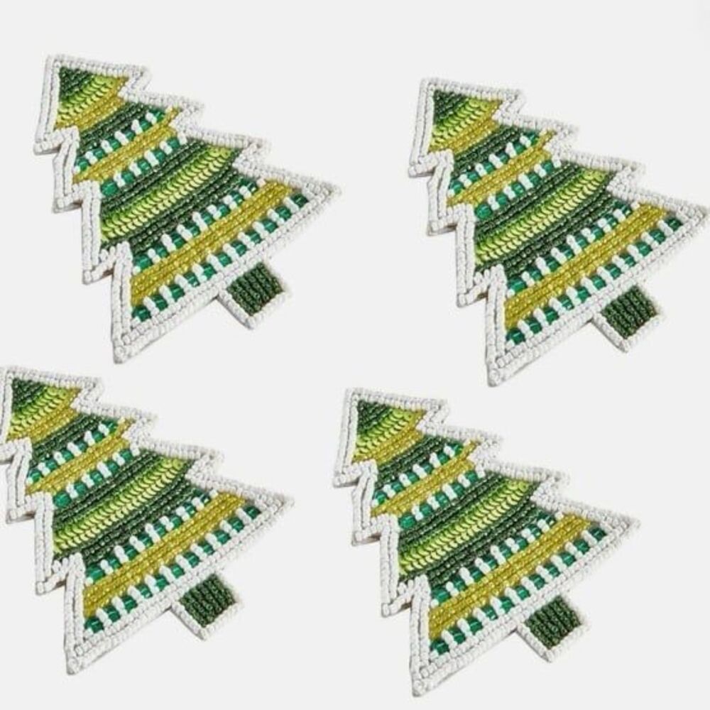 Pier 1 Set of 4 Beaded Christmas Pine Tree Coasters NEW